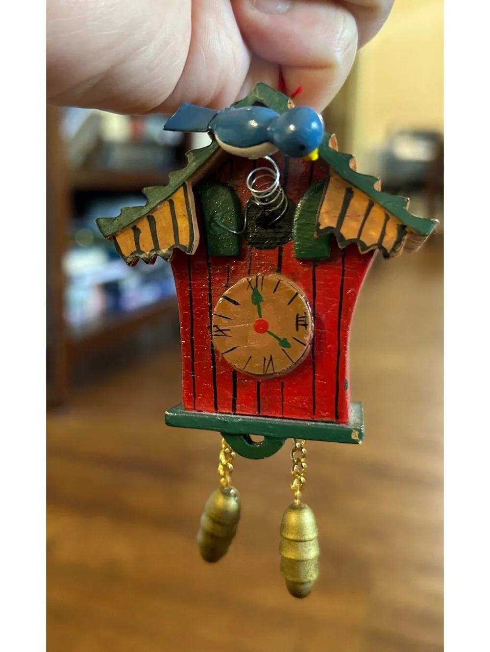 Miniature Wooden Cuckoo Clock Ornament with Blue Bird